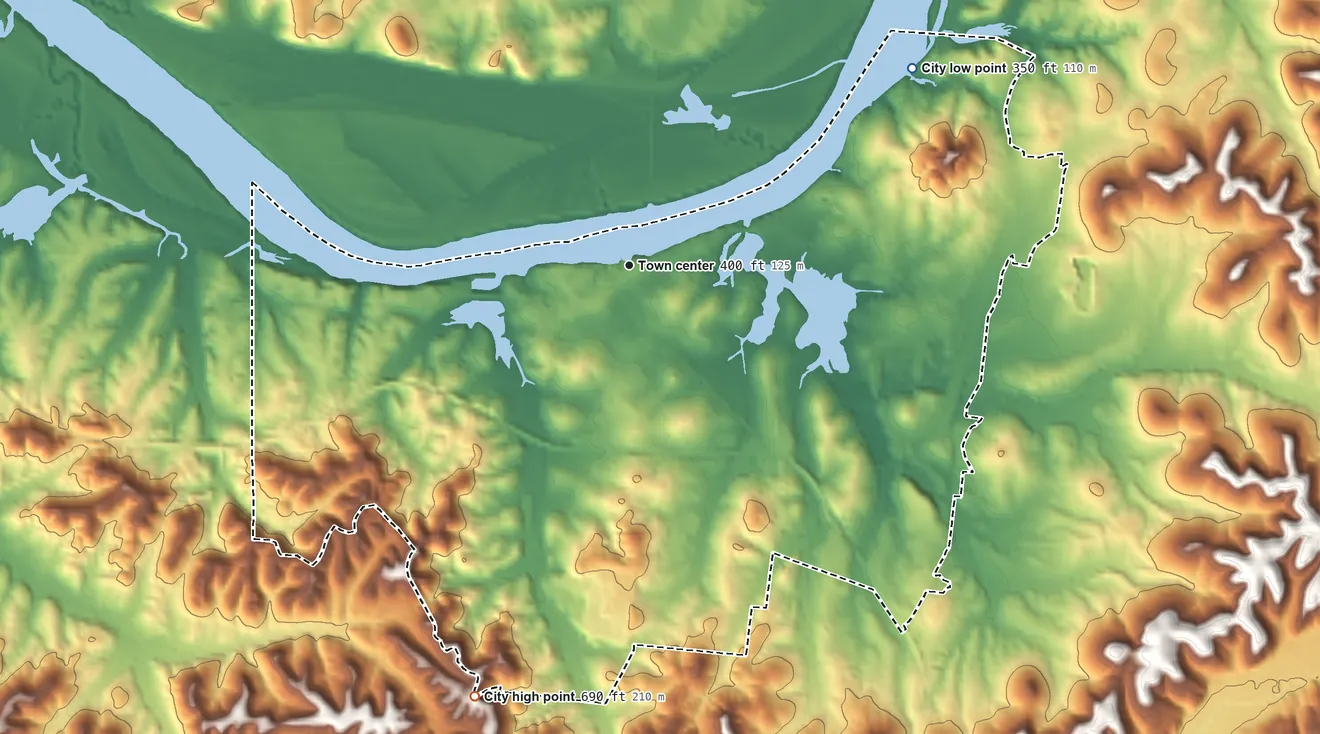 Topographic elevation map of Clifton, Tennessee, shaded from 350 ft on the northeast side to 690 ft on the south side