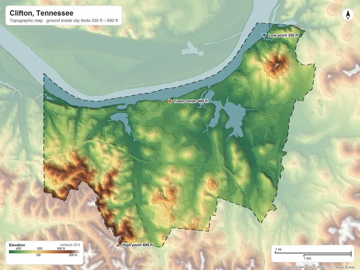 Topographic elevation map of Clifton, Tennessee, shaded from 350 ft on the northeast side to 690 ft on the south side