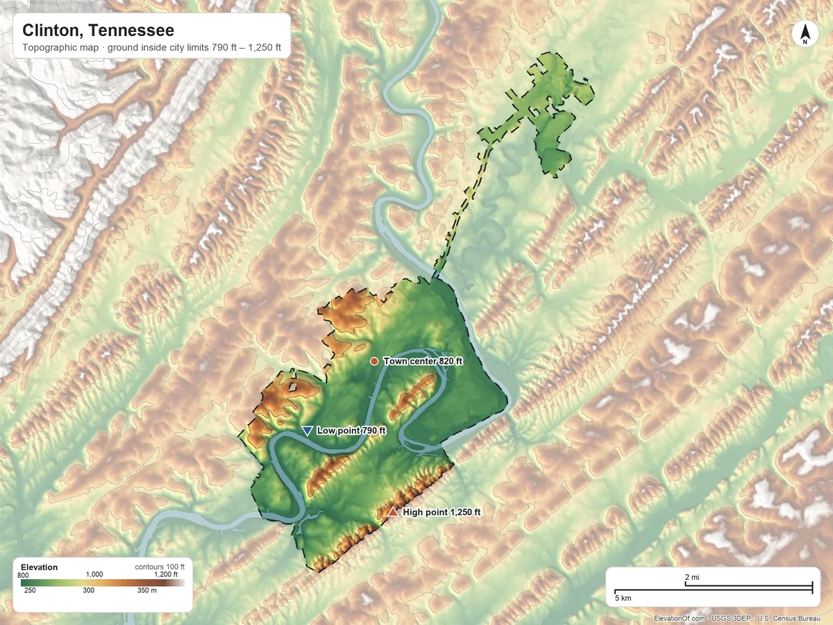 Topographic elevation map of Clinton, Tennessee, shaded from 790 ft on the southwest side to 1,250 ft on the south side