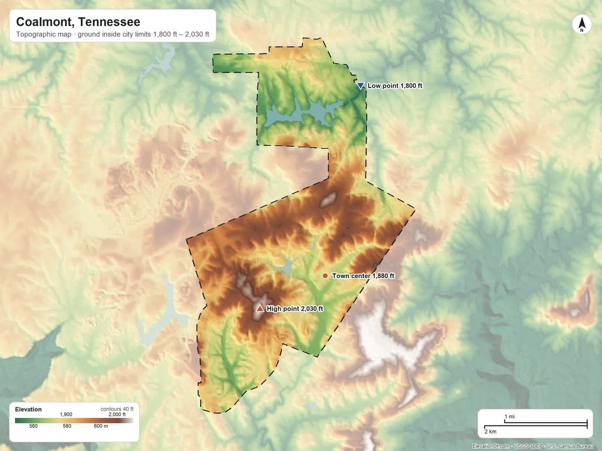 Topographic elevation map of Coalmont, Tennessee, shaded from 1,800 ft on the north side to 2,030 ft on the southwest side