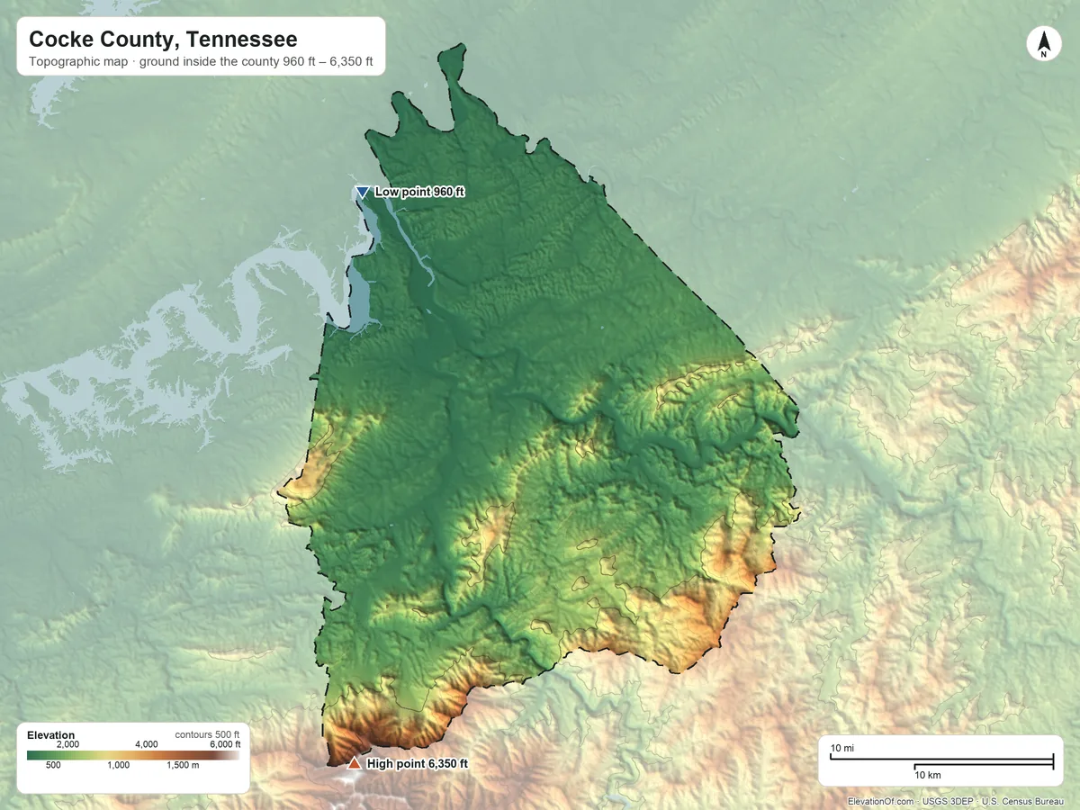Topographic elevation map of Cocke County, Tennessee, shaded from 960 ft on the northwest side to 6,350 ft on Old Black