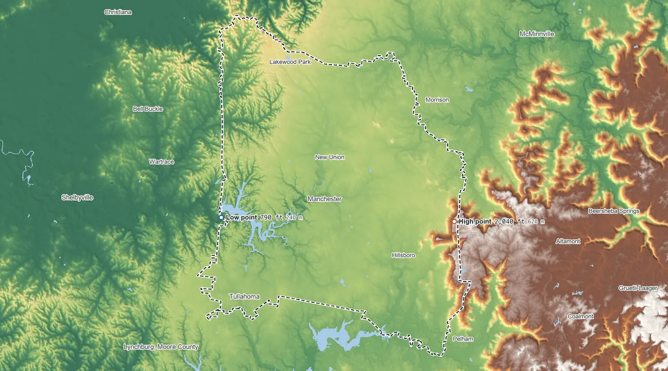Topographic elevation map of Coffee County, Tennessee, shaded from 790 ft on the west side to 2,040 ft on the east side