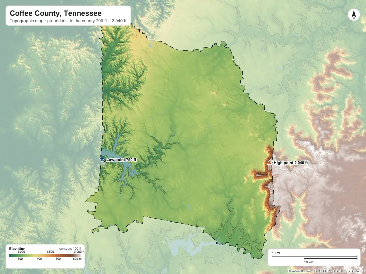 Topographic elevation map of Coffee County, Tennessee, shaded from 790 ft on the west side to 2,040 ft on the east side