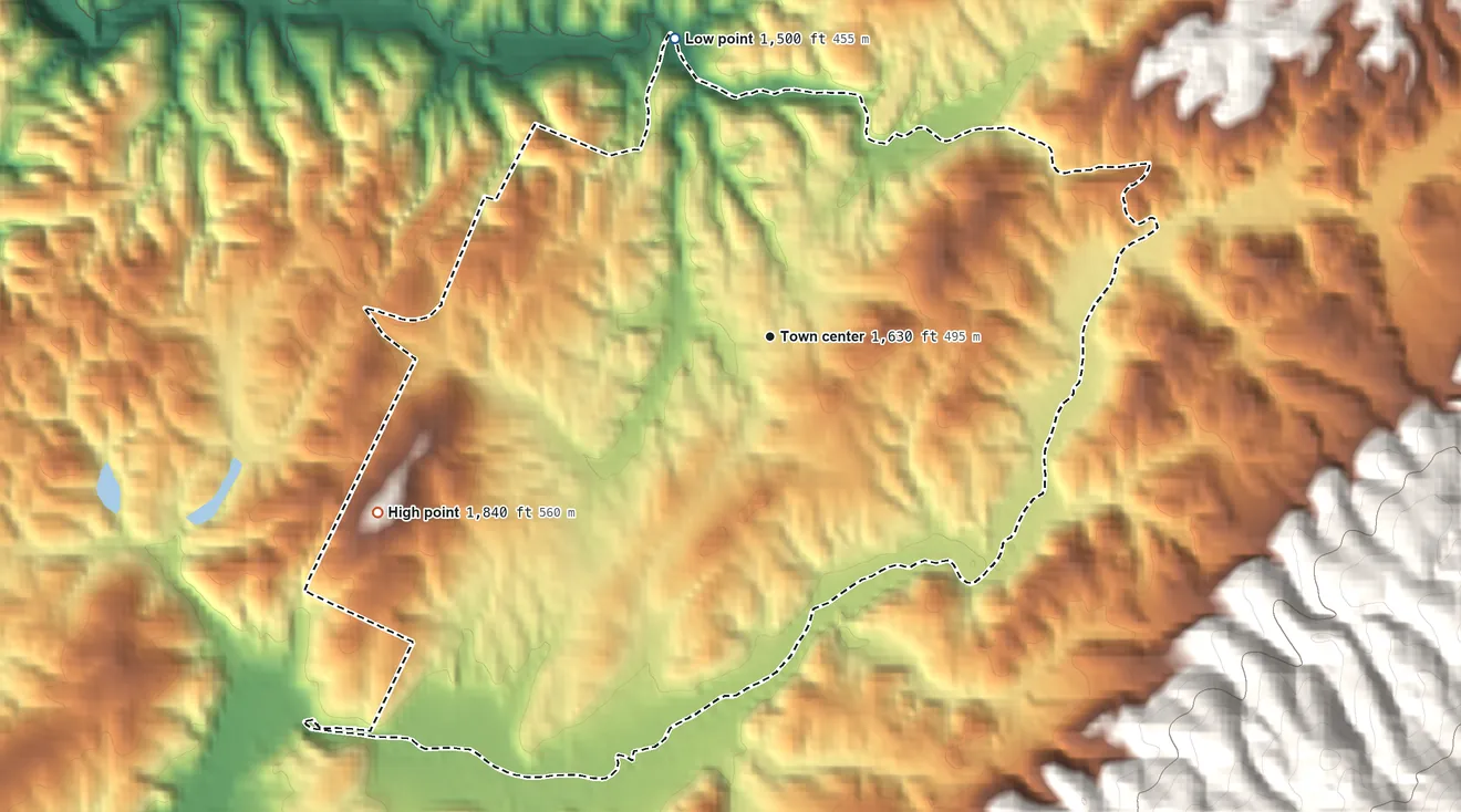 Topographic elevation map of Coker Creek, Tennessee, shaded from 1,500 ft on the north side to 1,840 ft on the southwest edge, below higher ground just outside