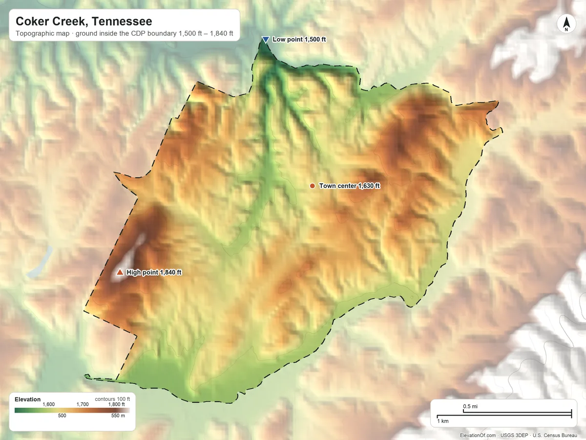 Topographic elevation map of Coker Creek, Tennessee, shaded from 1,500 ft on the north side to 1,840 ft on the southwest edge, below higher ground just outside