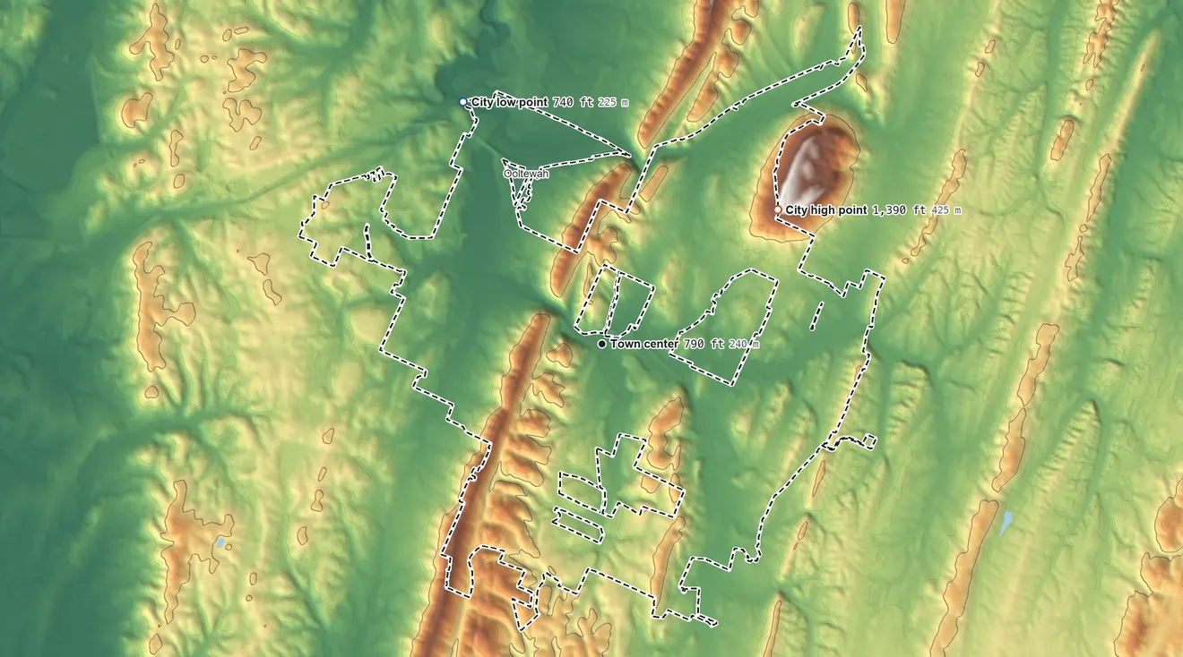 Topographic elevation map of Collegedale, Tennessee, shaded from 740 ft on the northwest side to 1,390 ft on the northeast edge, below higher ground just outside