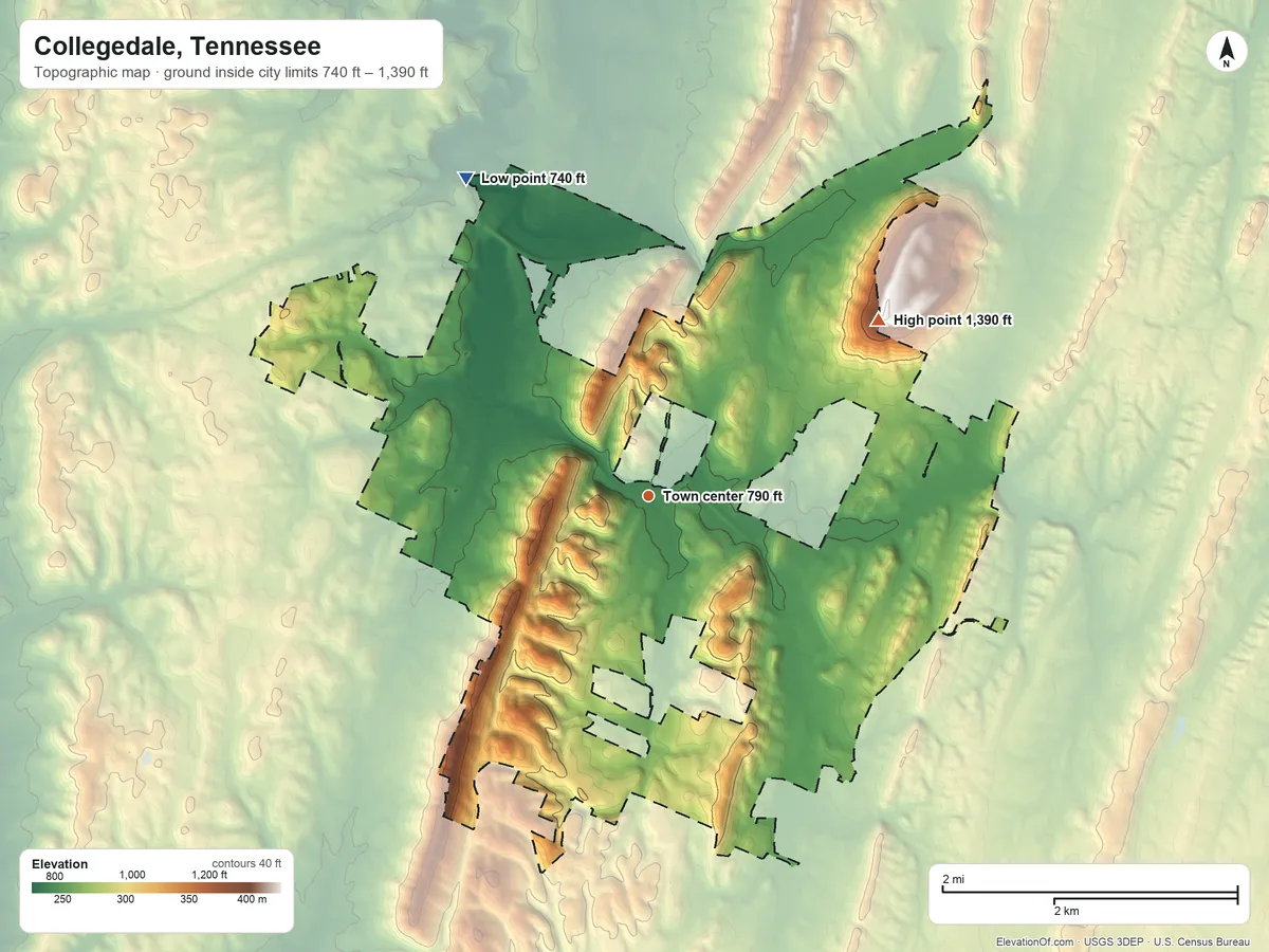 Topographic elevation map of Collegedale, Tennessee, shaded from 740 ft on the northwest side to 1,390 ft on the northeast edge, below higher ground just outside