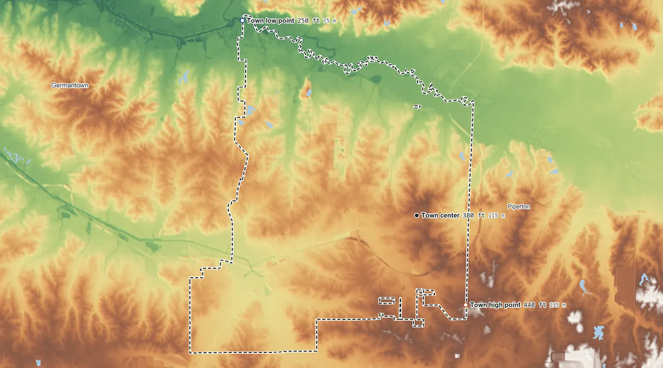 Topographic elevation map of Collierville, Tennessee, shaded from 250 ft on the northwest side to 440 ft on the southeast side