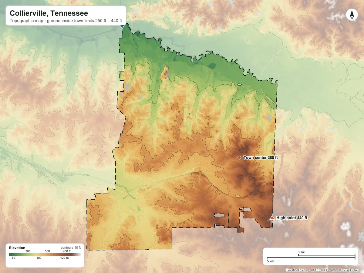 Topographic elevation map of Collierville, Tennessee, shaded from 250 ft on the northwest side to 440 ft on the southeast side