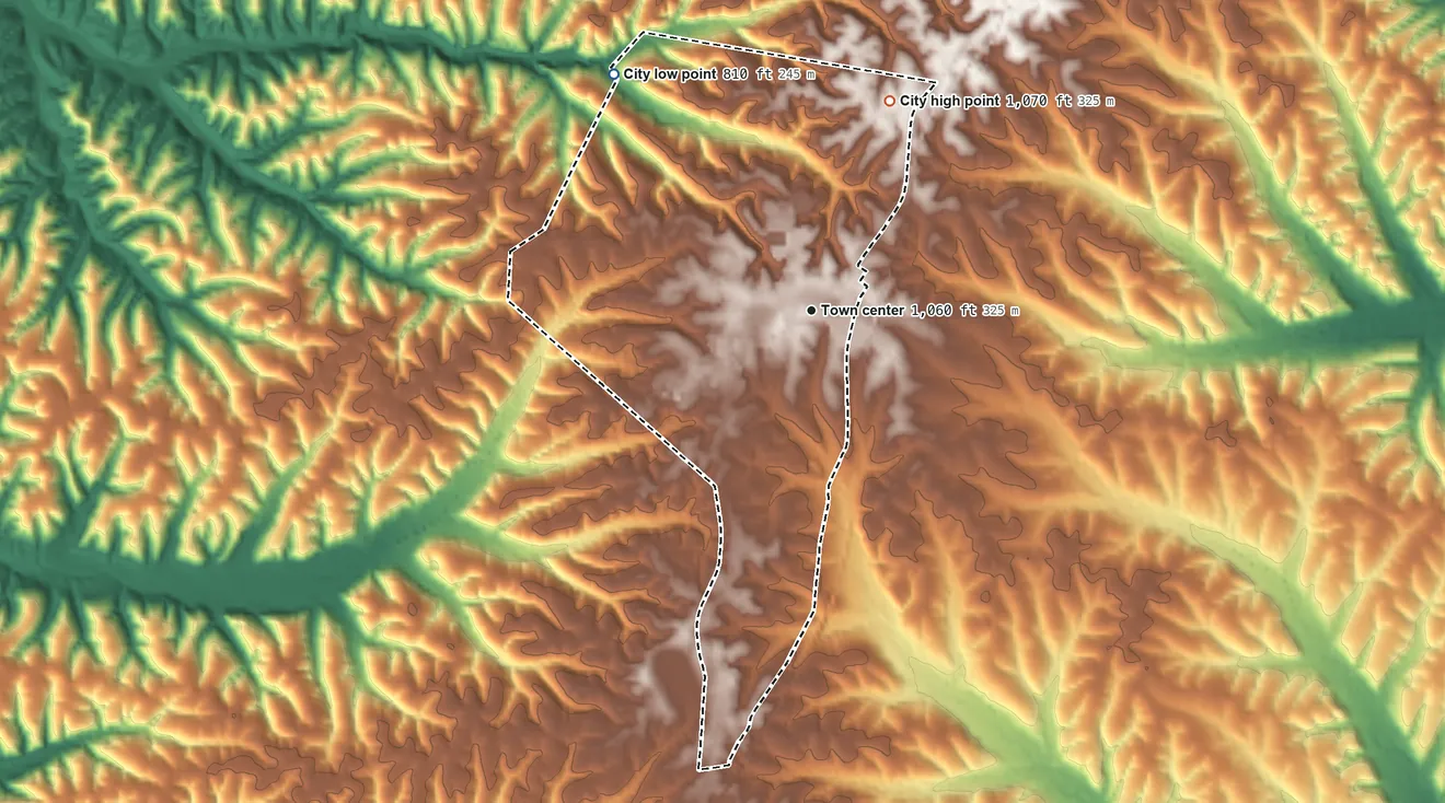 Topographic elevation map of Collinwood, Tennessee, shaded from 810 ft on the northwest side to 1,070 ft on the north side