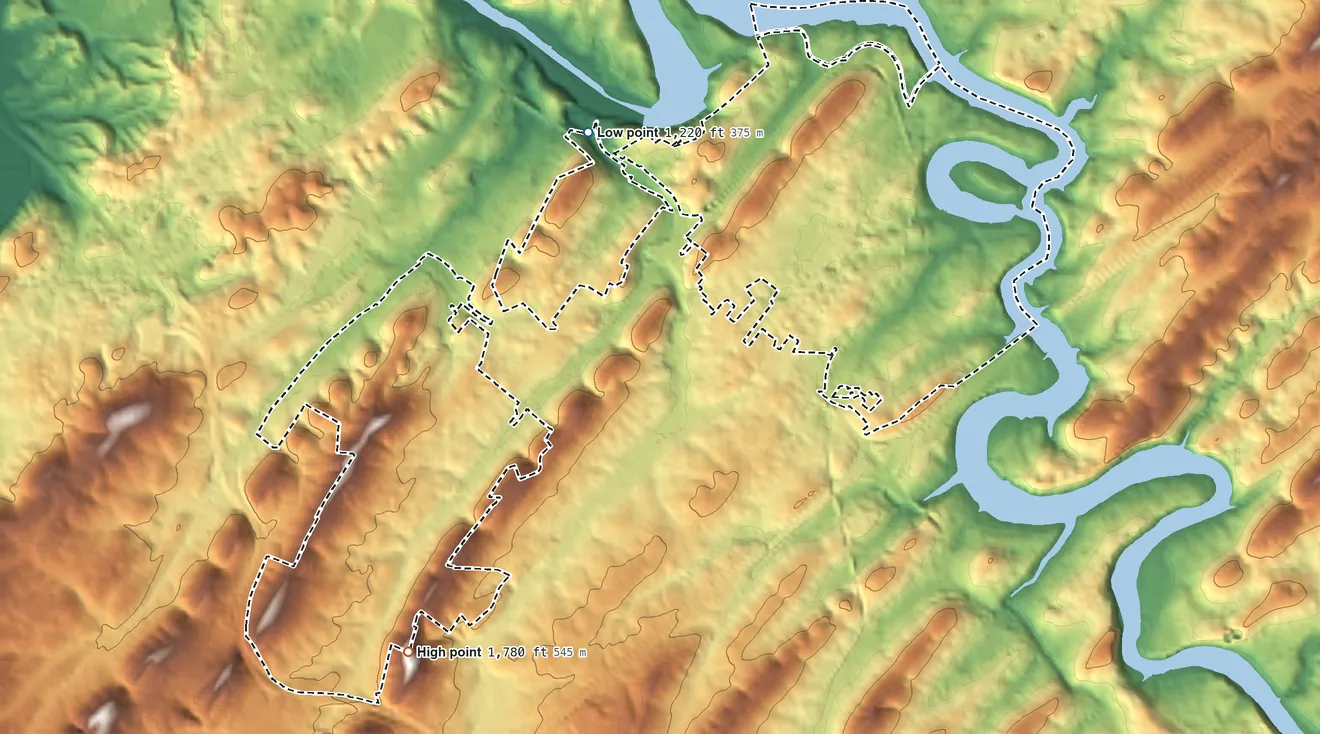 Topographic elevation map of Colonial Heights, Tennessee, shaded from 1,220 ft on the northwest side to 1,780 ft on the southwest side
