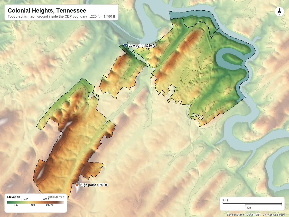 Topographic elevation map of Colonial Heights, Tennessee, shaded from 1,220 ft on the northwest side to 1,780 ft on the southwest side