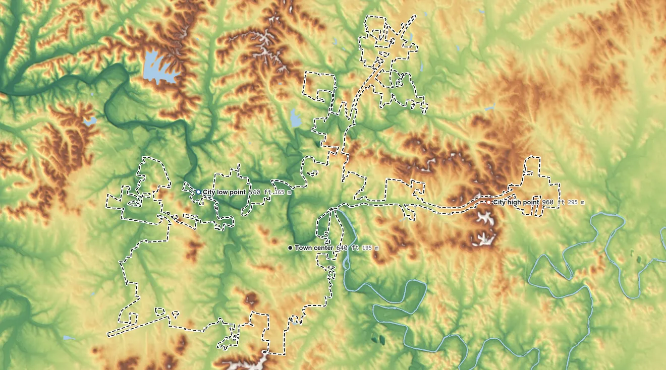 Topographic elevation map of Columbia, Tennessee, shaded from 540 ft on the northwest side to 960 ft on the east edge, below higher ground just outside