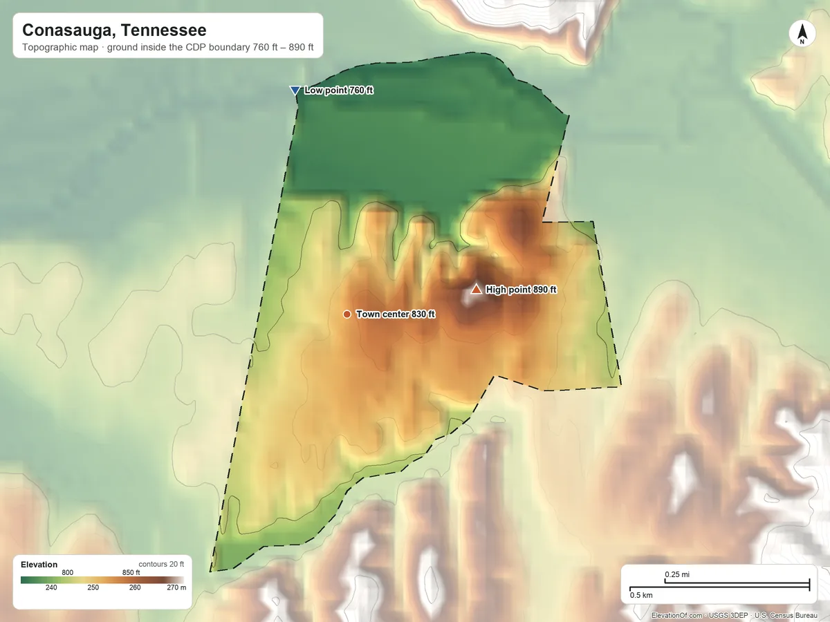 Topographic elevation map of Conasauga, Tennessee, shaded from 760 ft on the north side to 890 ft on the east edge, below higher ground just outside