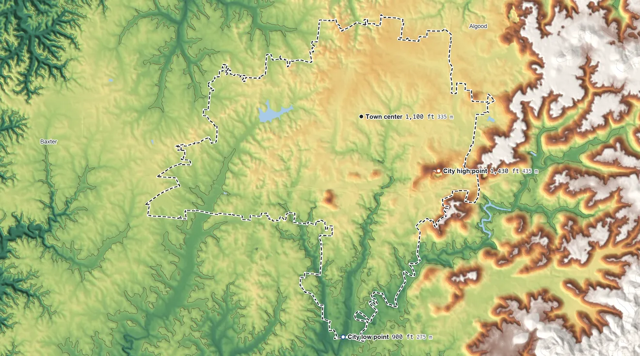 Topographic elevation map of Cookeville, Tennessee, shaded from 900 ft on the south side to 1,430 ft on the southeast side