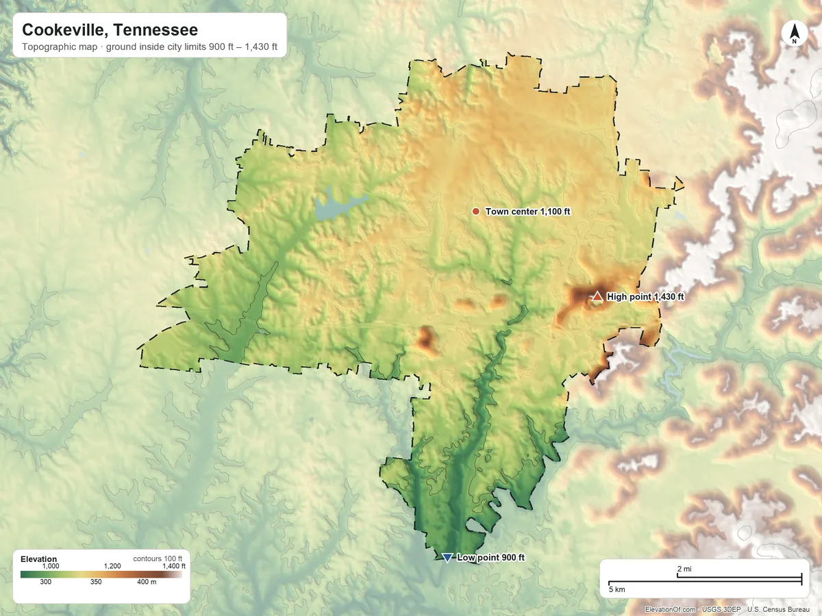 Topographic elevation map of Cookeville, Tennessee, shaded from 900 ft on the south side to 1,430 ft on the southeast side