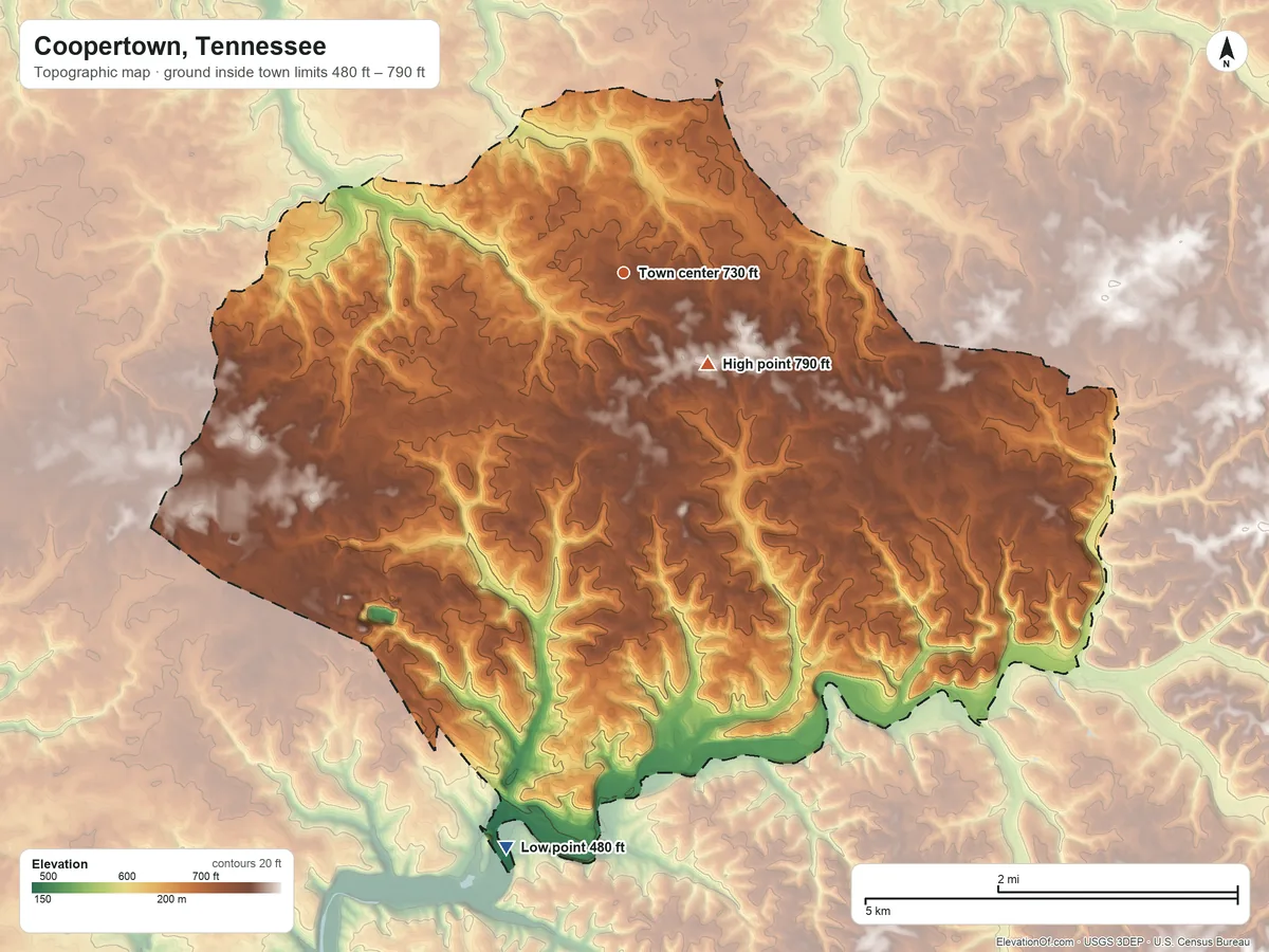 Topographic elevation map of Coopertown, Tennessee, shaded from 480 ft on the south side to 790 ft near the middle