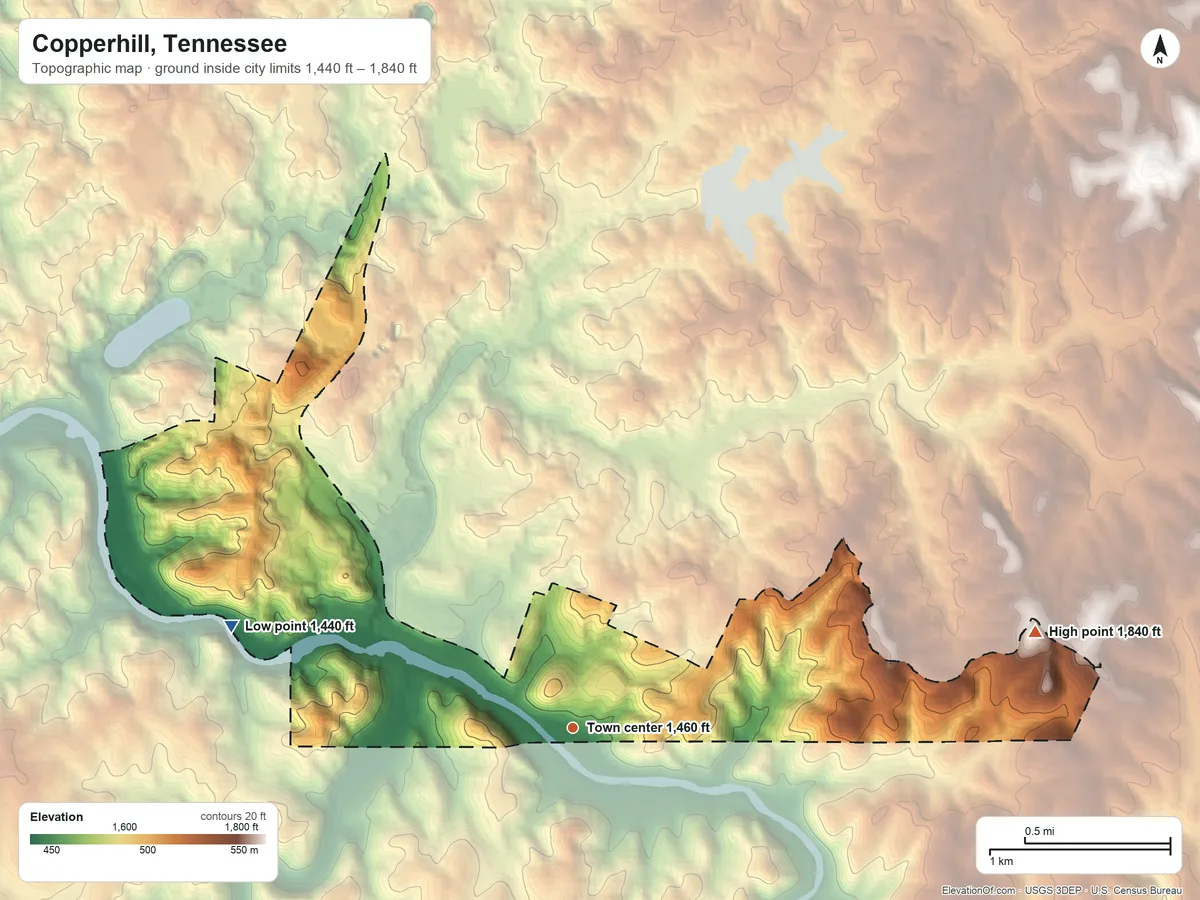 Topographic elevation map of Copperhill, Tennessee, shaded from 1,440 ft on the west side to 1,840 ft on the east edge, below higher ground just outside