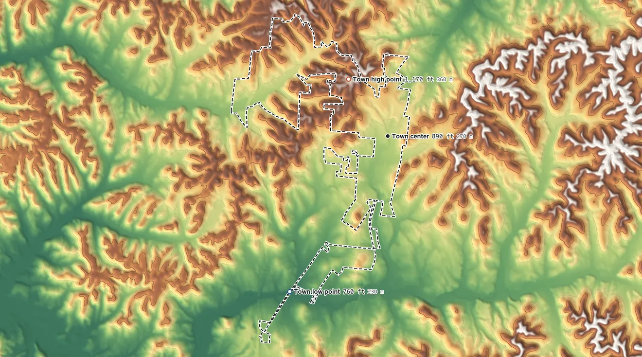 Topographic elevation map of Cornersville, Tennessee, shaded from 760 ft on the southwest side to 1,170 ft on the northwest side