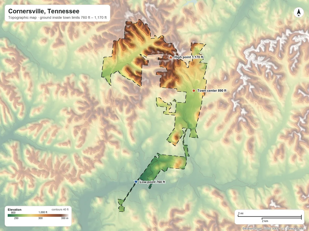 Topographic elevation map of Cornersville, Tennessee, shaded from 760 ft on the southwest side to 1,170 ft on the northwest side