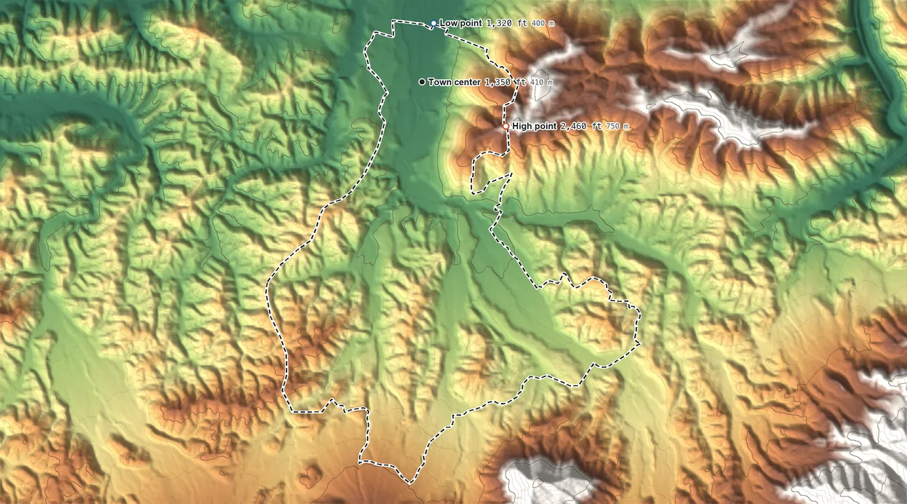 Topographic elevation map of Cosby, Tennessee, shaded from 1,320 ft on the north side to 2,460 ft on the southeast side
