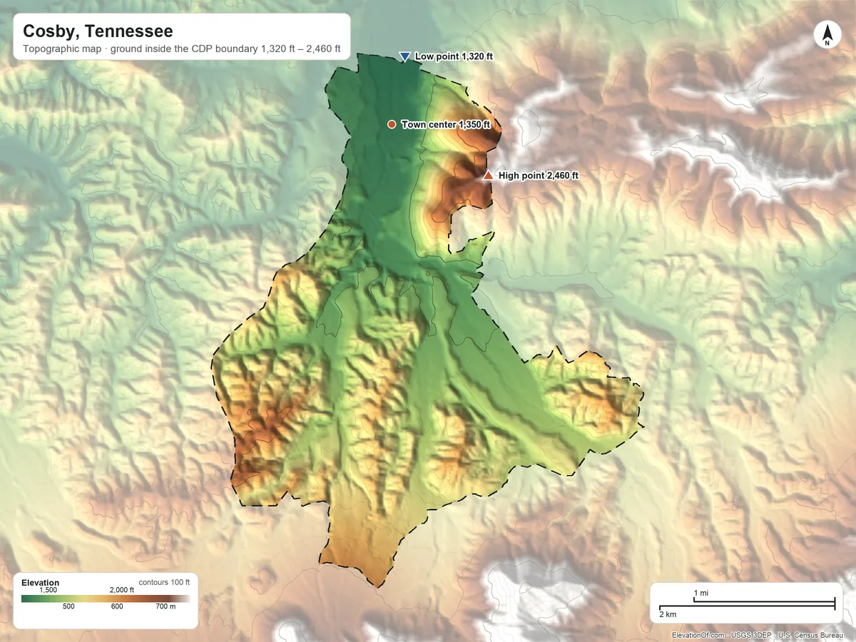 Topographic elevation map of Cosby, Tennessee, shaded from 1,320 ft on the north side to 2,460 ft on the southeast side