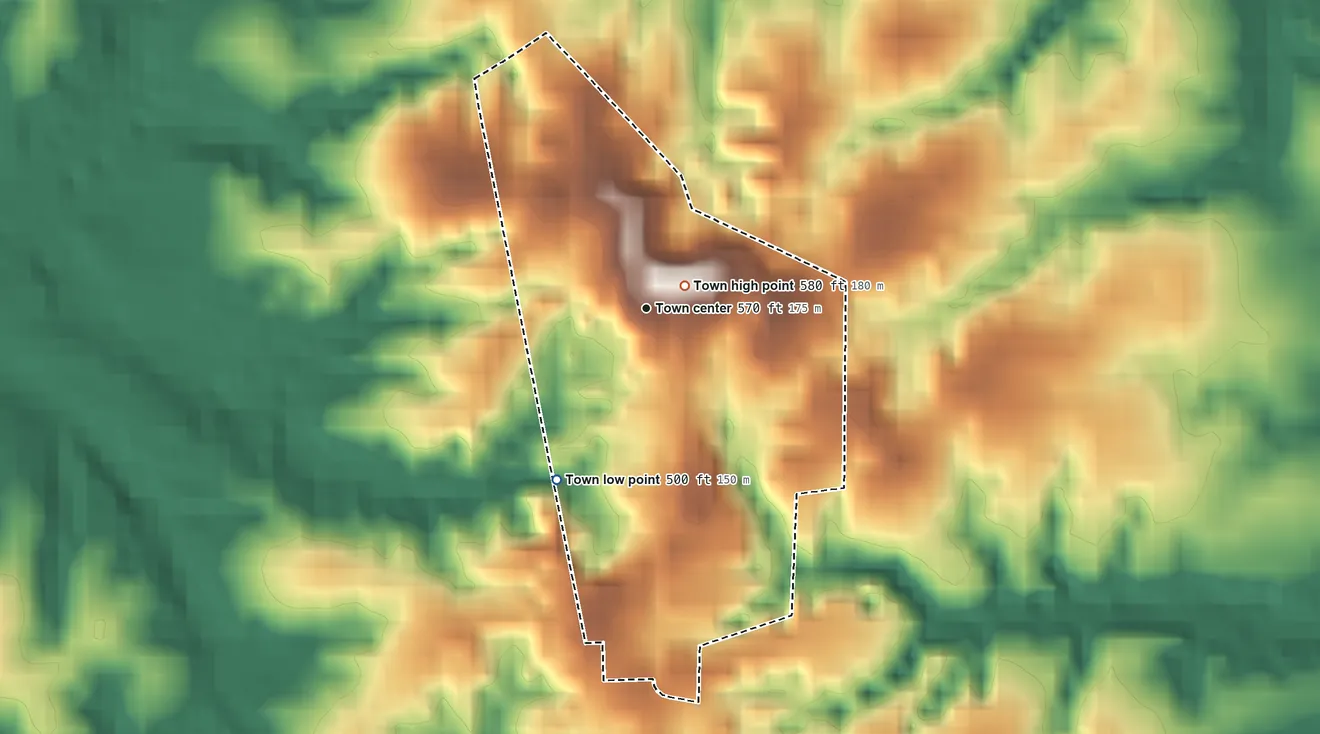 Topographic elevation map of Cottage Grove, Tennessee, shaded from 500 ft on the southwest side to 580 ft near the middle