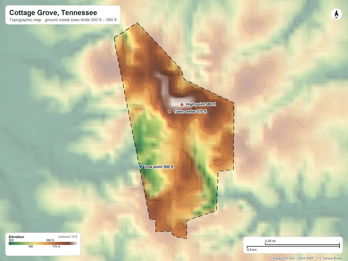Topographic elevation map of Cottage Grove, Tennessee, shaded from 500 ft on the southwest side to 580 ft near the middle