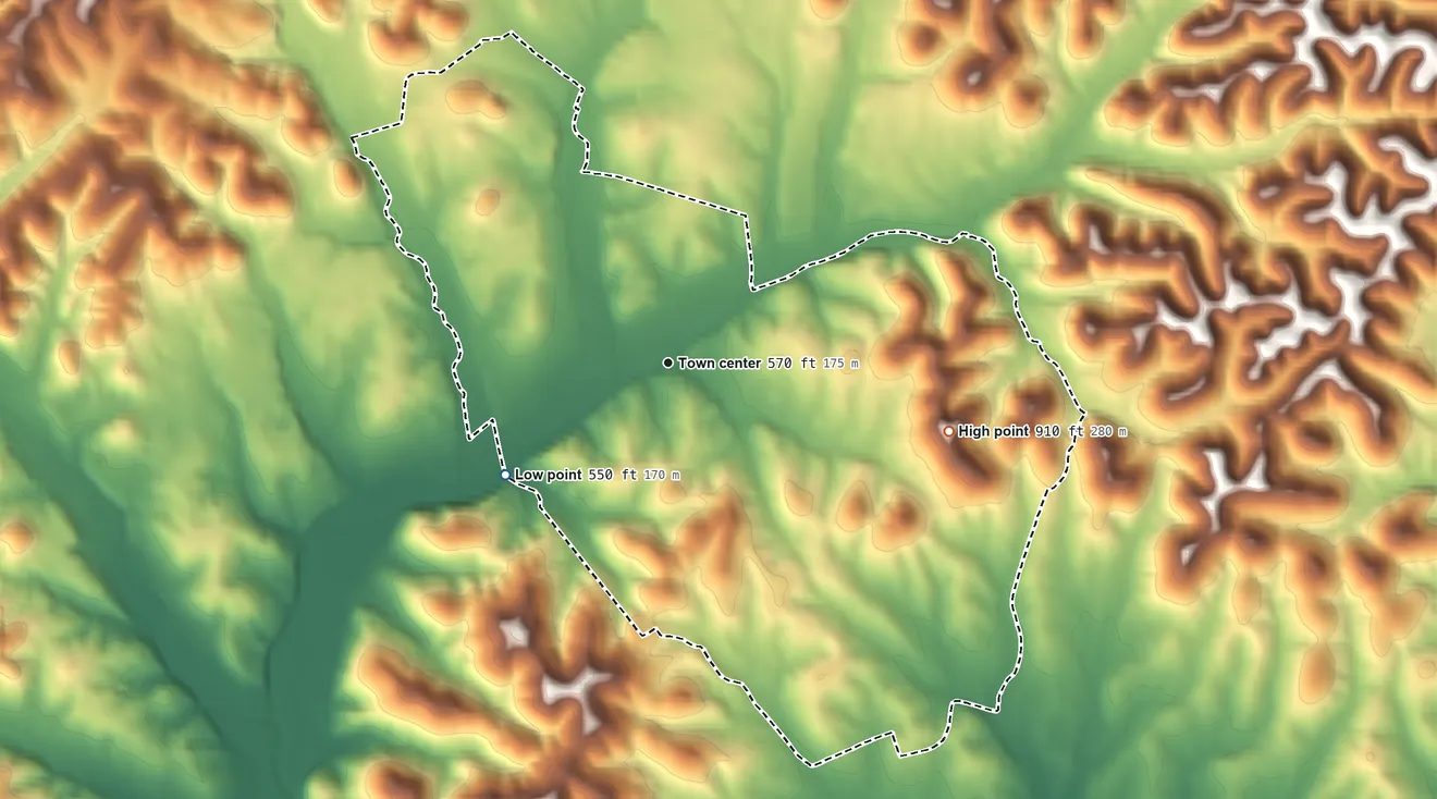 Topographic elevation map of Cottontown, Tennessee, shaded from 550 ft on the southwest side to 910 ft on O'Ryan Knob