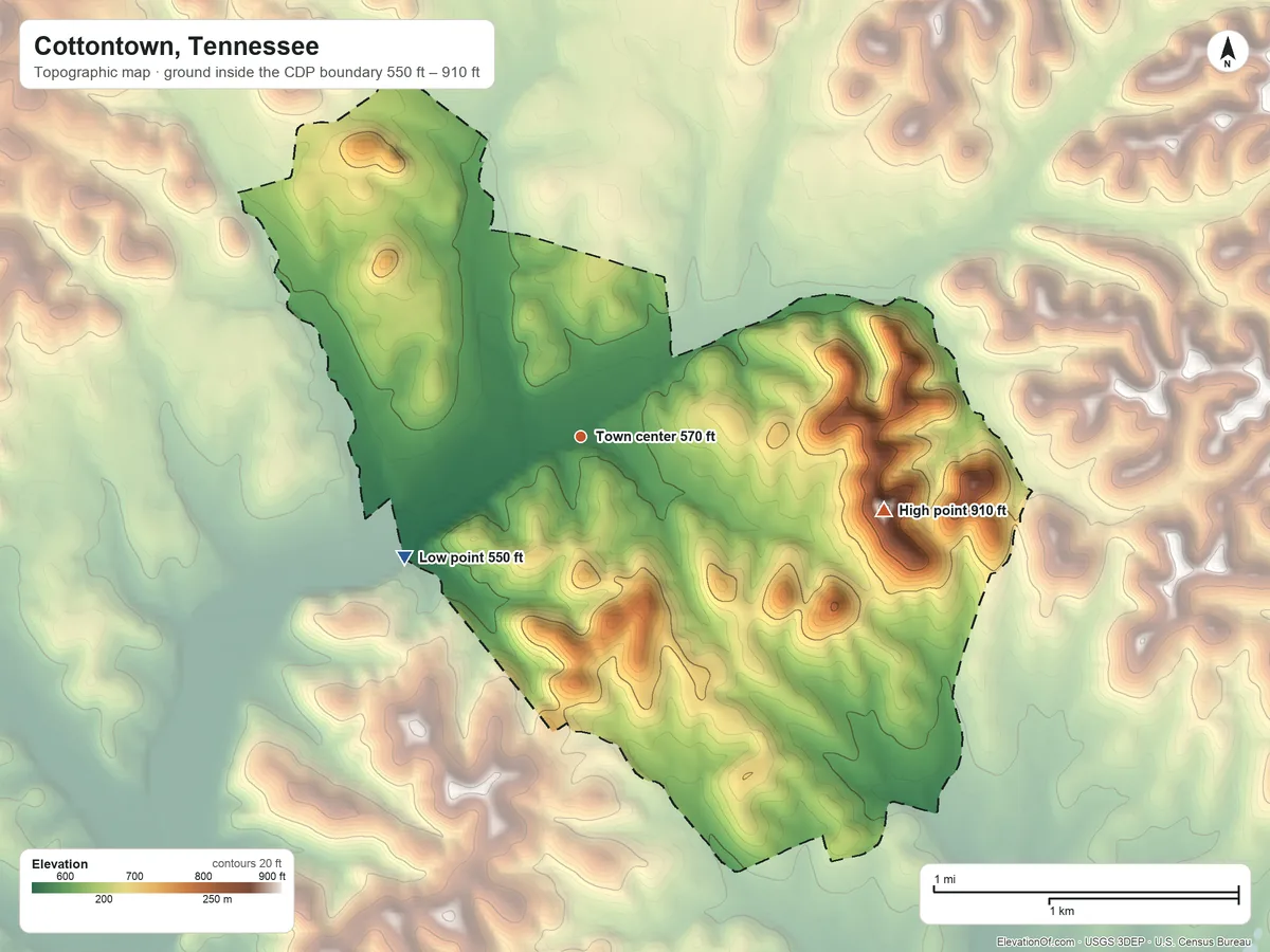 Topographic elevation map of Cottontown, Tennessee, shaded from 550 ft on the southwest side to 910 ft on O'Ryan Knob
