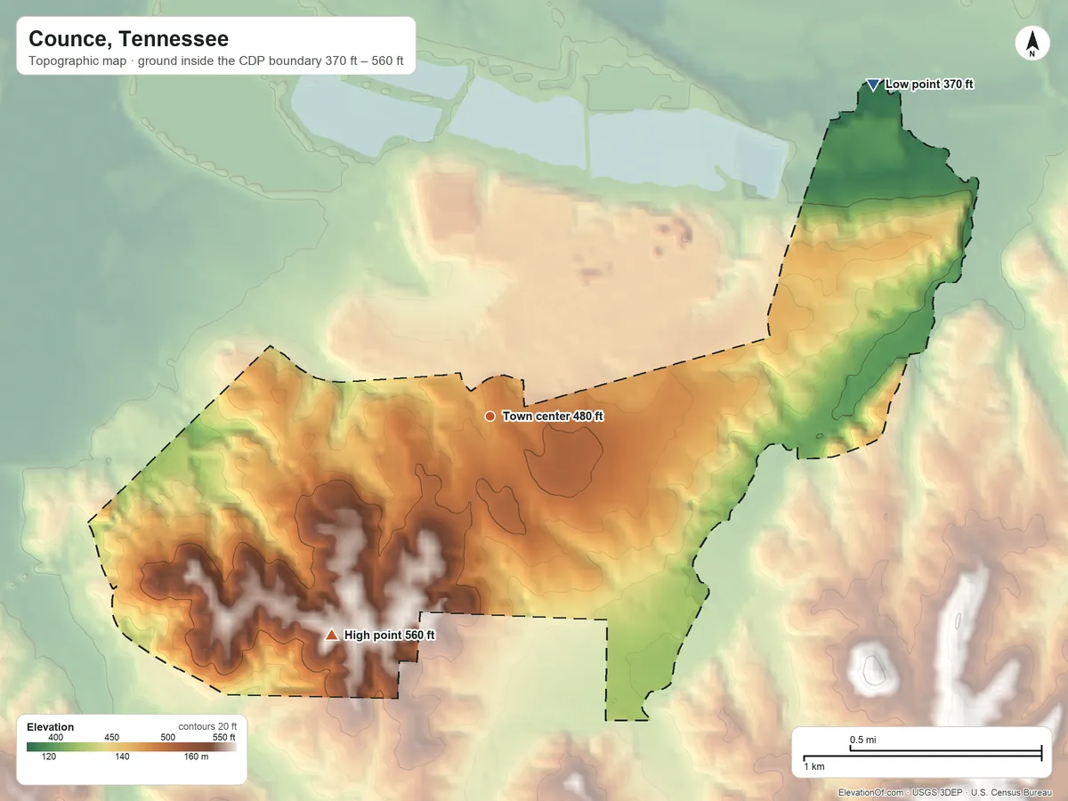 Topographic elevation map of Counce, Tennessee, shaded from 370 ft on the northeast side to 560 ft on the southwest side