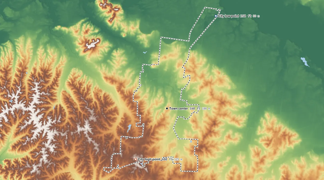 Topographic elevation map of Covington, Tennessee, shaded from 260 ft on the northeast side to 400 ft on the southwest side