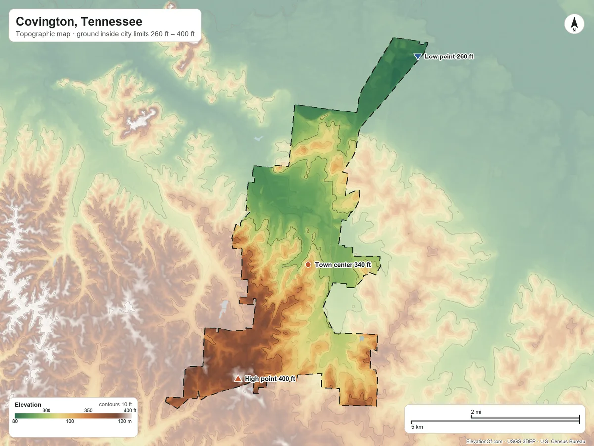 Topographic elevation map of Covington, Tennessee, shaded from 260 ft on the northeast side to 400 ft on the southwest side