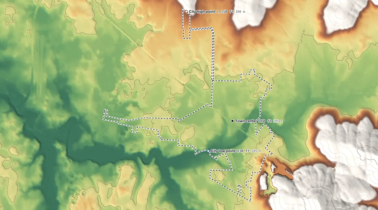 Topographic elevation map of Cowan, Tennessee, shaded from 930 ft on the southwest side to 1,150 ft on the northwest edge, below higher ground just outside