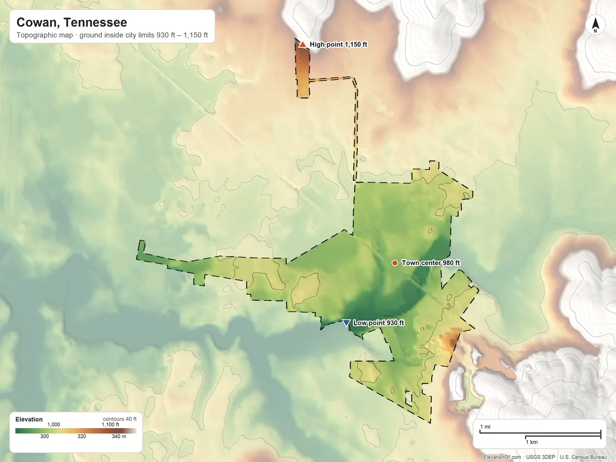 Topographic elevation map of Cowan, Tennessee, shaded from 930 ft on the southwest side to 1,150 ft on the northwest edge, below higher ground just outside