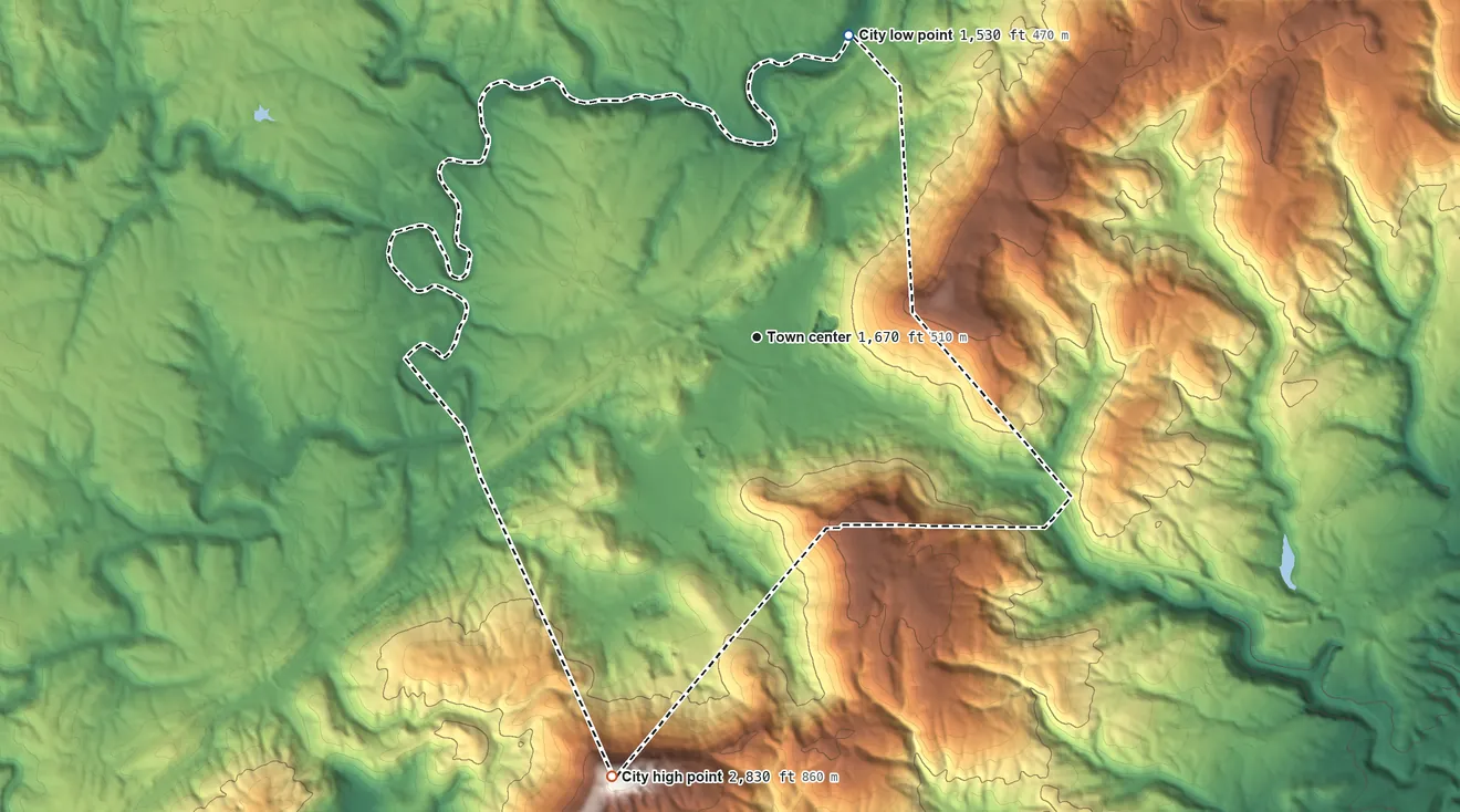 Topographic elevation map of Crab Orchard, Tennessee, shaded from 1,530 ft on the north side to 2,830 ft on the south edge, below higher ground just outside