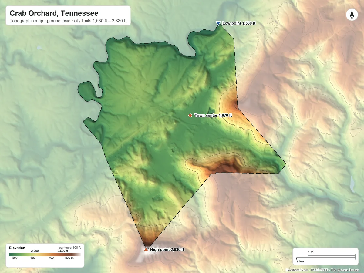 Topographic elevation map of Crab Orchard, Tennessee, shaded from 1,530 ft on the north side to 2,830 ft on the south edge, below higher ground just outside