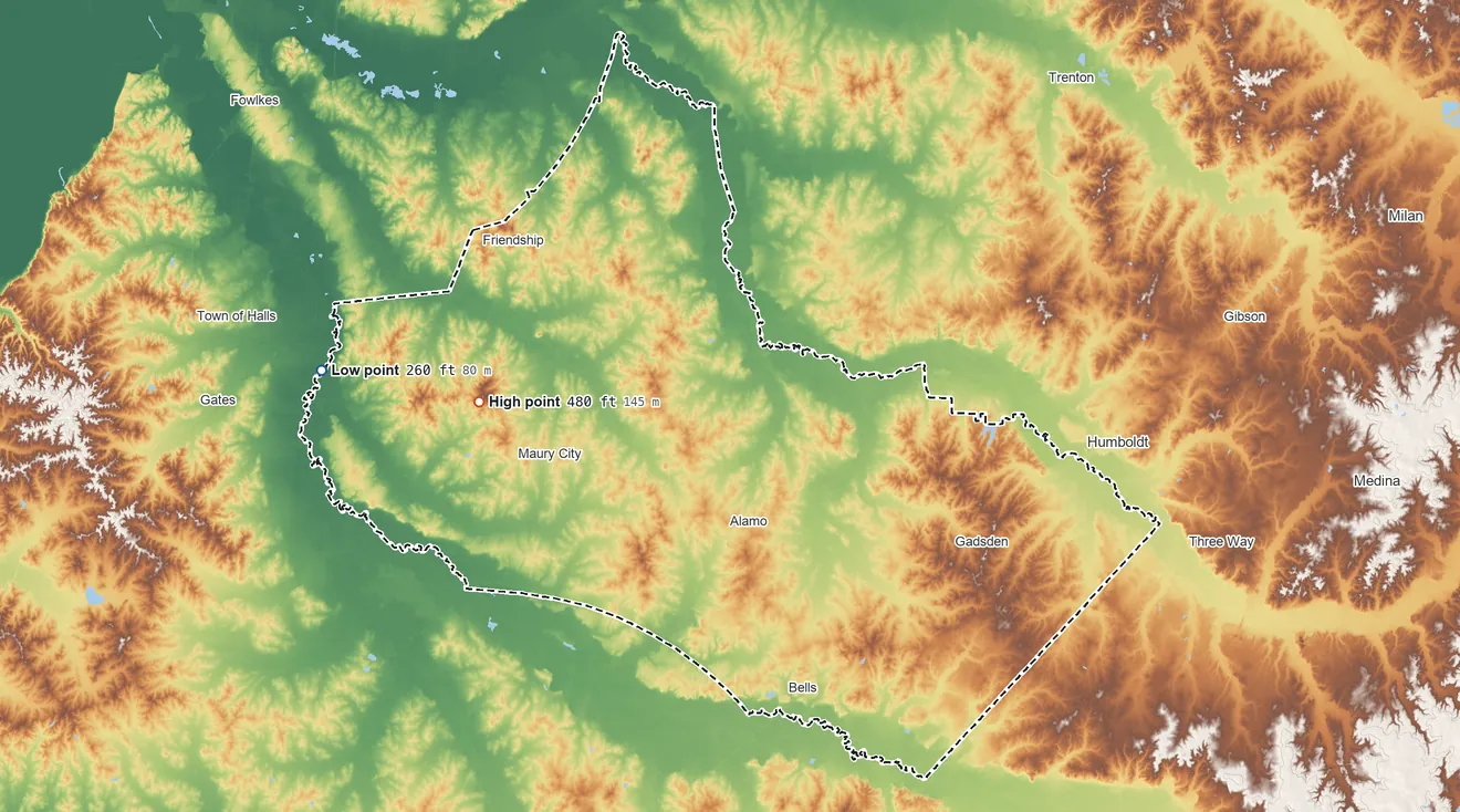 Topographic elevation map of Crockett County, Tennessee, shaded from 260 ft on the west side to 480 ft on the west side