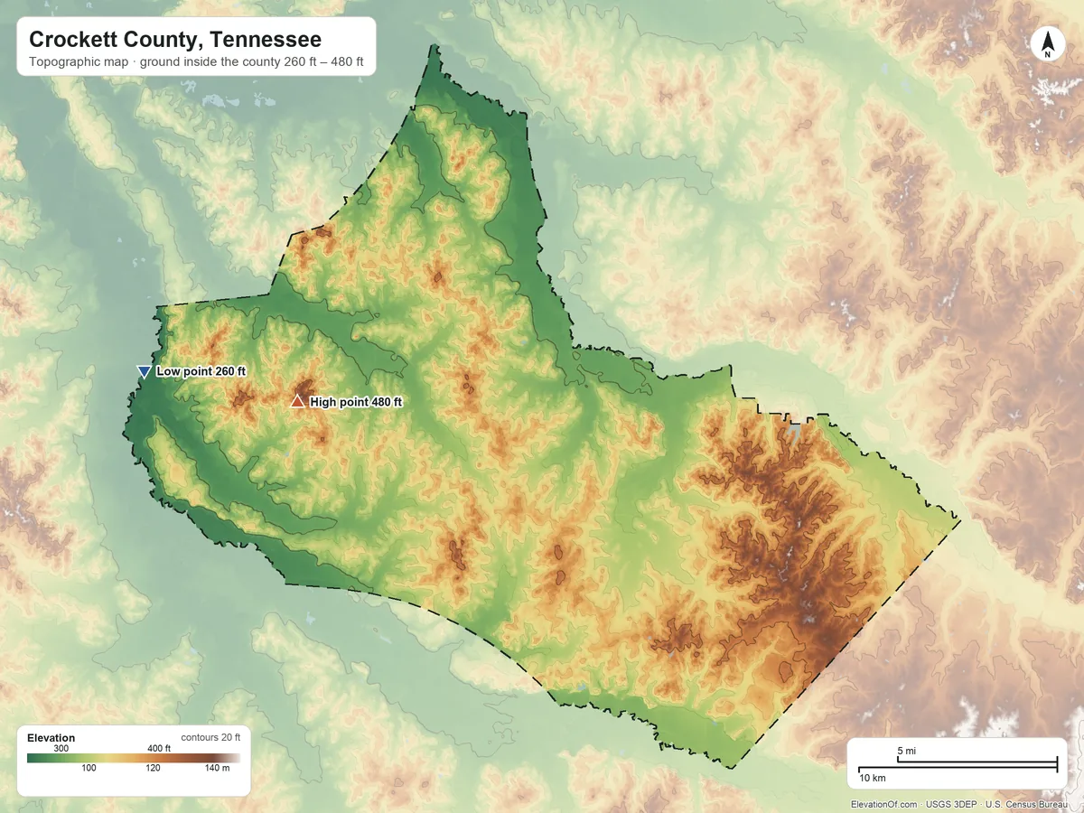 Topographic elevation map of Crockett County, Tennessee, shaded from 260 ft on the west side to 480 ft on the west side