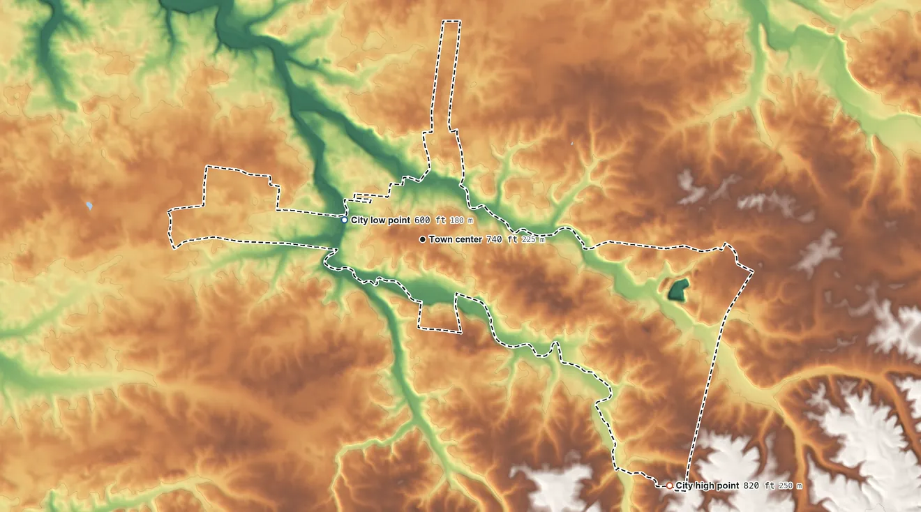 Topographic elevation map of Cross Plains, Tennessee, shaded from 600 ft on the west side to 820 ft on the southeast side