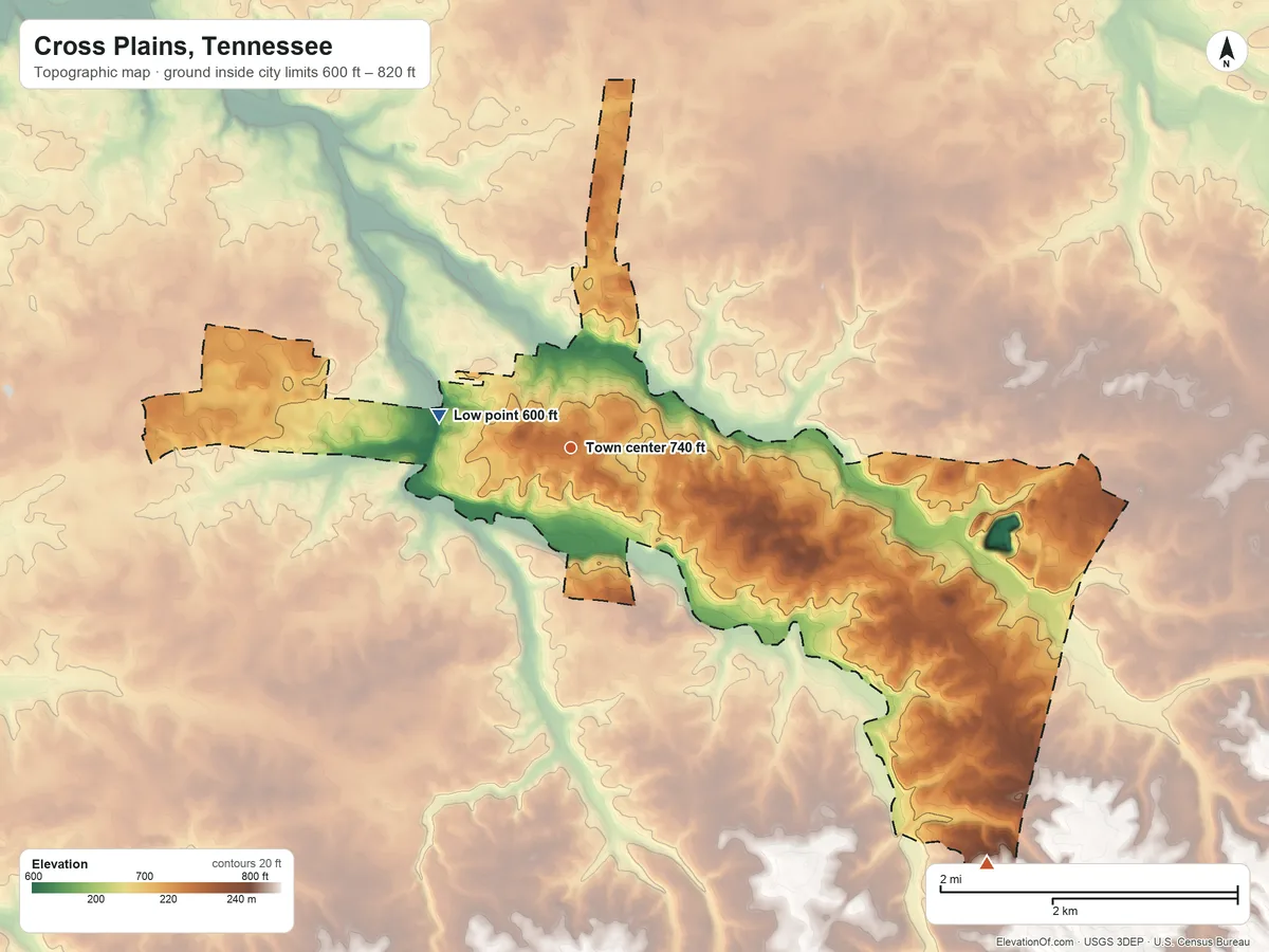 Topographic elevation map of Cross Plains, Tennessee, shaded from 600 ft on the west side to 820 ft on the southeast side