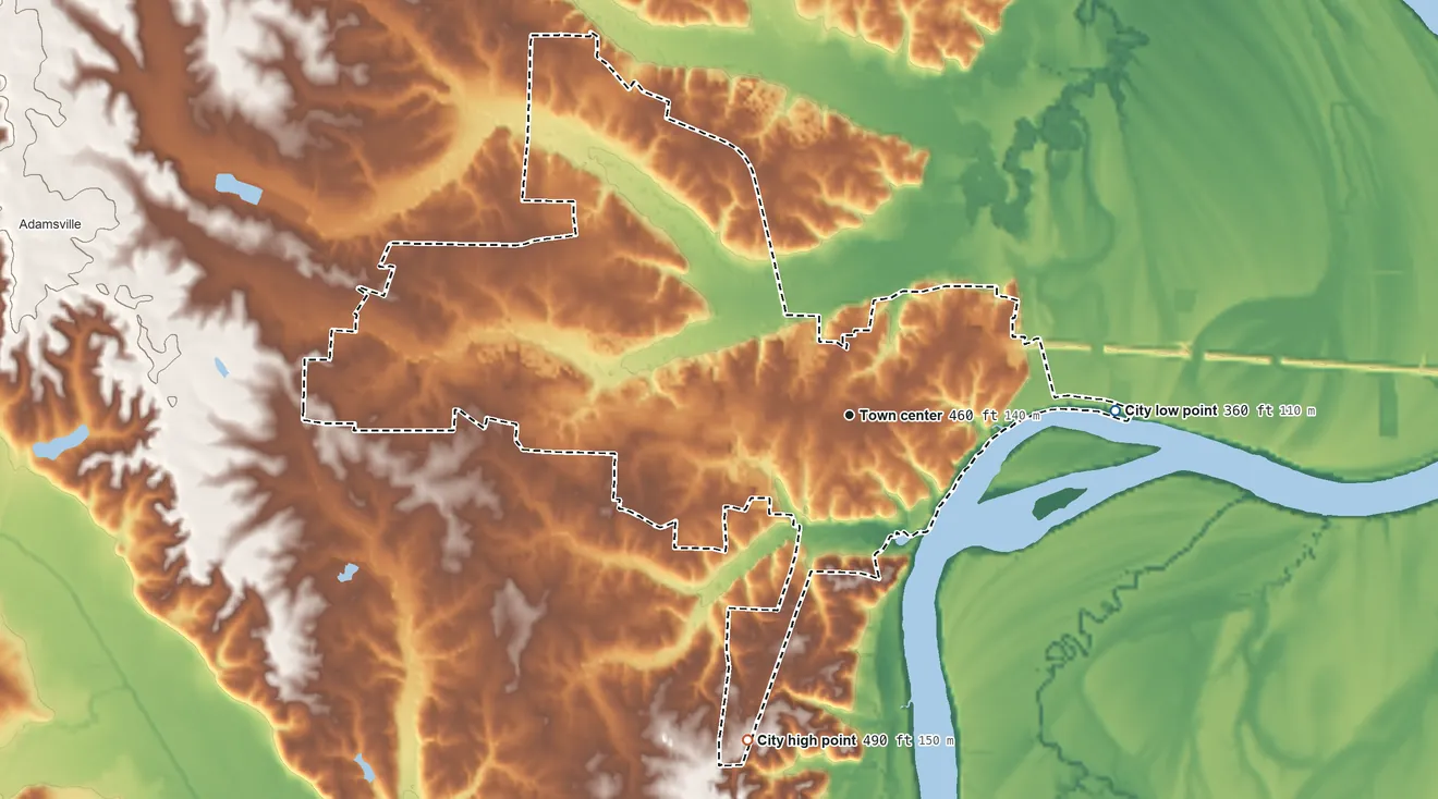 Topographic elevation map of Crump, Tennessee, shaded from 360 ft on the east side to 490 ft on the south side
