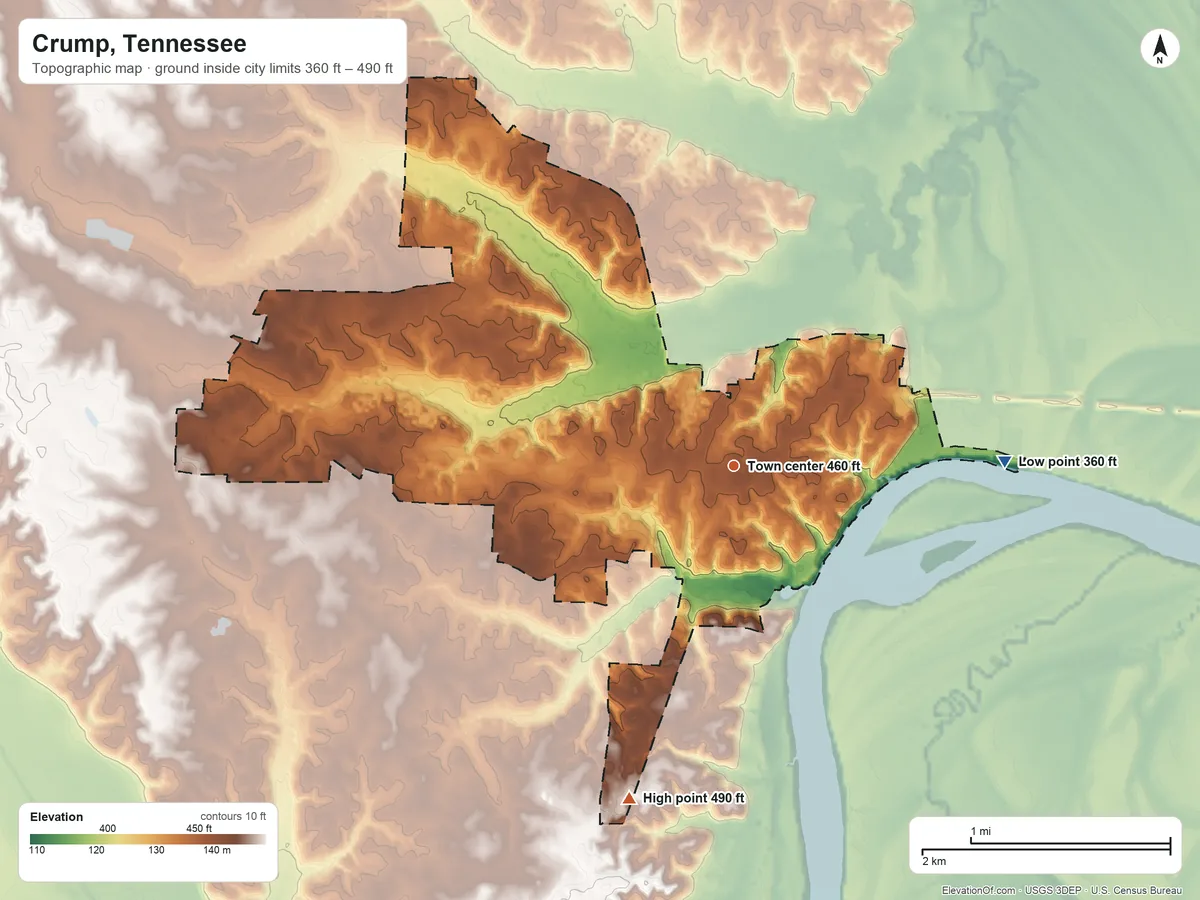 Topographic elevation map of Crump, Tennessee, shaded from 360 ft on the east side to 490 ft on the south side