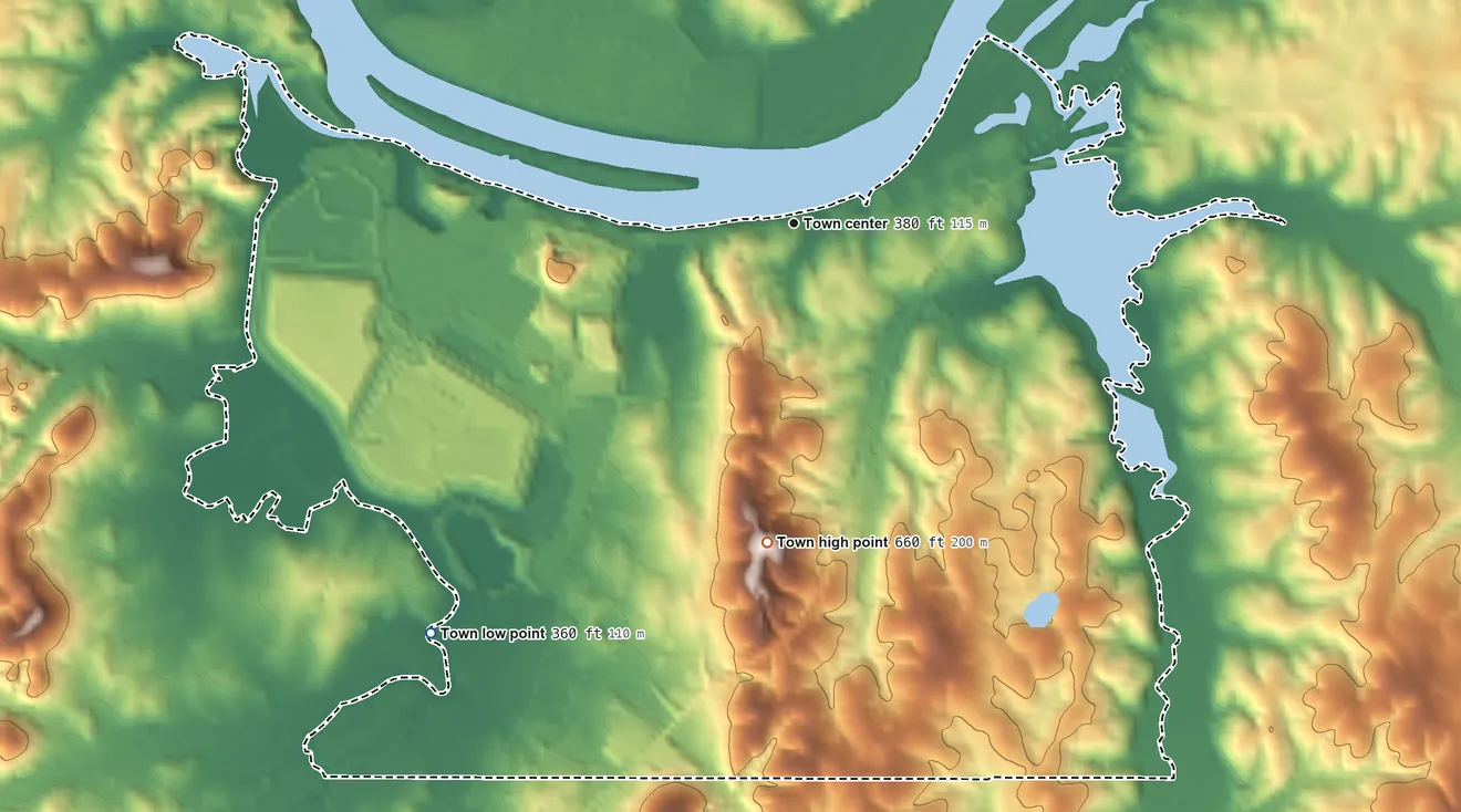 Topographic elevation map of Cumberland City, Tennessee, shaded from 360 ft on the southwest side to 660 ft on the south side