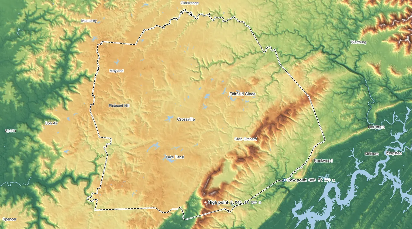 Topographic elevation map of Cumberland County, Tennessee, shaded from 880 ft on the southeast side to 3,041 ft on Hinch Mountain
