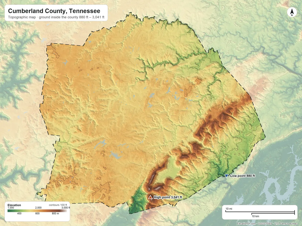Topographic elevation map of Cumberland County, Tennessee, shaded from 880 ft on the southeast side to 3,041 ft on Hinch Mountain