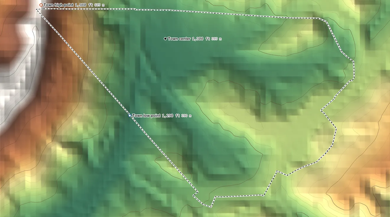Topographic elevation map of Cumberland Gap, Tennessee, shaded from 1,290 ft on the southwest side to 1,980 ft on the west edge, below higher ground just outside