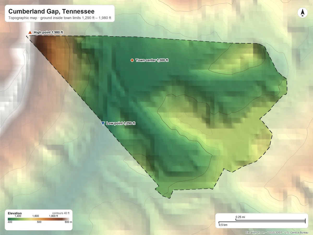 Topographic elevation map of Cumberland Gap, Tennessee, shaded from 1,290 ft on the southwest side to 1,980 ft on the west edge, below higher ground just outside