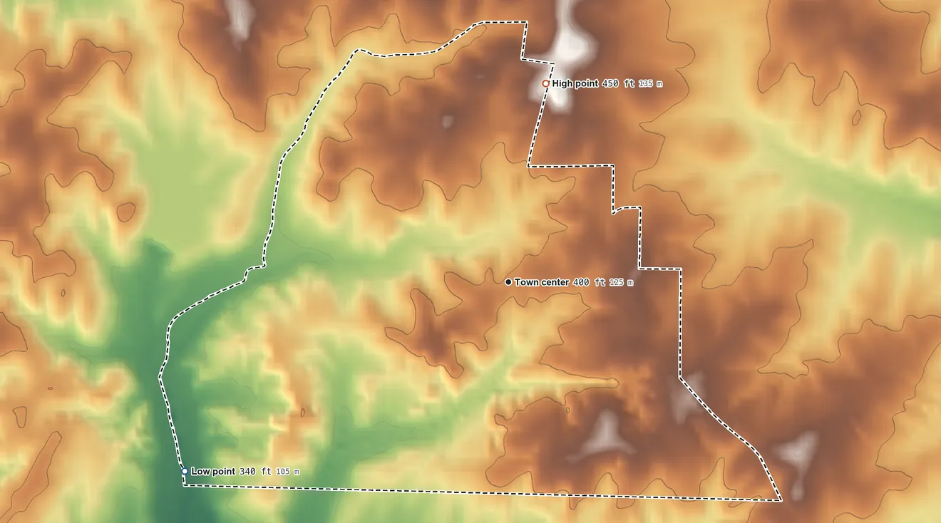 Topographic elevation map of Dancyville, Tennessee, shaded from 340 ft on the southwest side to 450 ft on the north side
