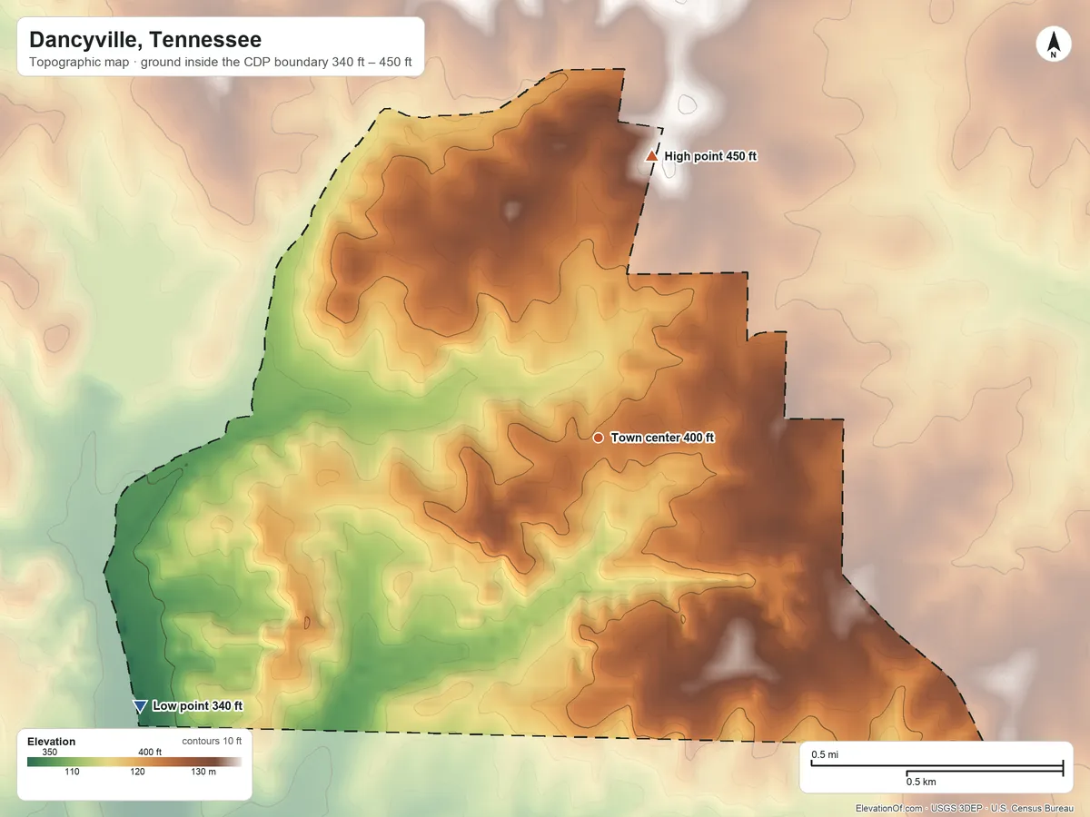 Topographic elevation map of Dancyville, Tennessee, shaded from 340 ft on the southwest side to 450 ft on the north side